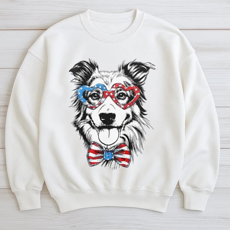 Patriotic Dog Sweatshirt | Border Collie with USA Flag Glasses | Soft Cotton Blend Pullover | Unisex 4th of July Gift for Dog Lover