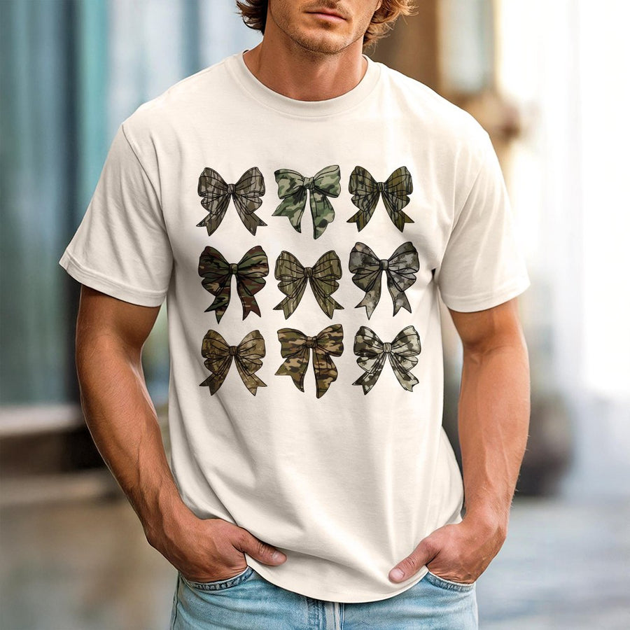 Camo Bow T-Shirt | Rustic Military Green Bows Graphic | 100% Cotton Premium Tee | Cute Hunting Gift For Women & Outdoor Enthusiasts