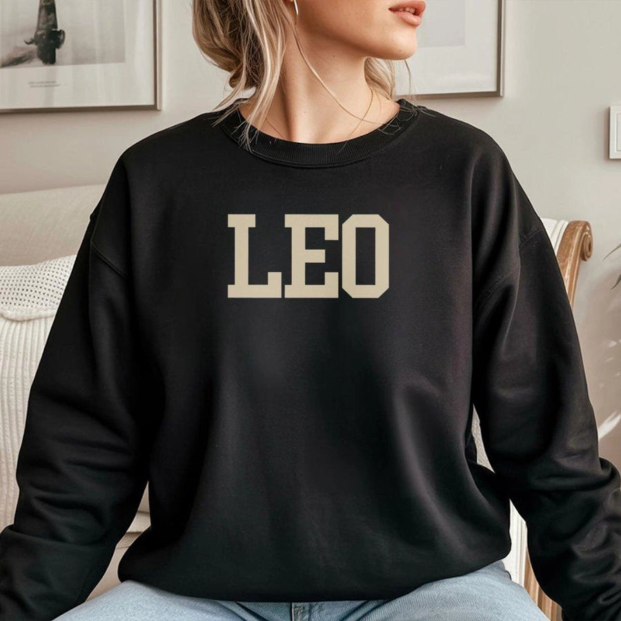 Leo Zodiac Sign Sweatshirt | Collegiate Varsity Letter Graphic | Premium Cotton Blend | Birthday Gift for Astrology Lovers Men and Women