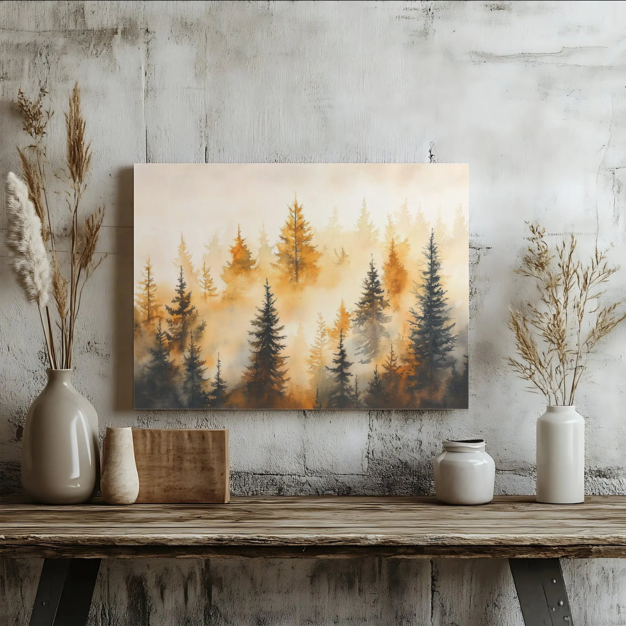 Misty Pine Forest Canvas Art | Watercolor Orange and Gray Landscape | Premium Gallery-Wrap Wall Decor | Nature Inspired Gift for Home Office