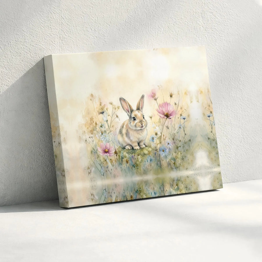 Watercolor Bunny Canvas Wall Art | Whimsical Rabbit & Wildflower Art | Premium Gallery Wrapped Canvas | Gift for Kids Nursery Decor