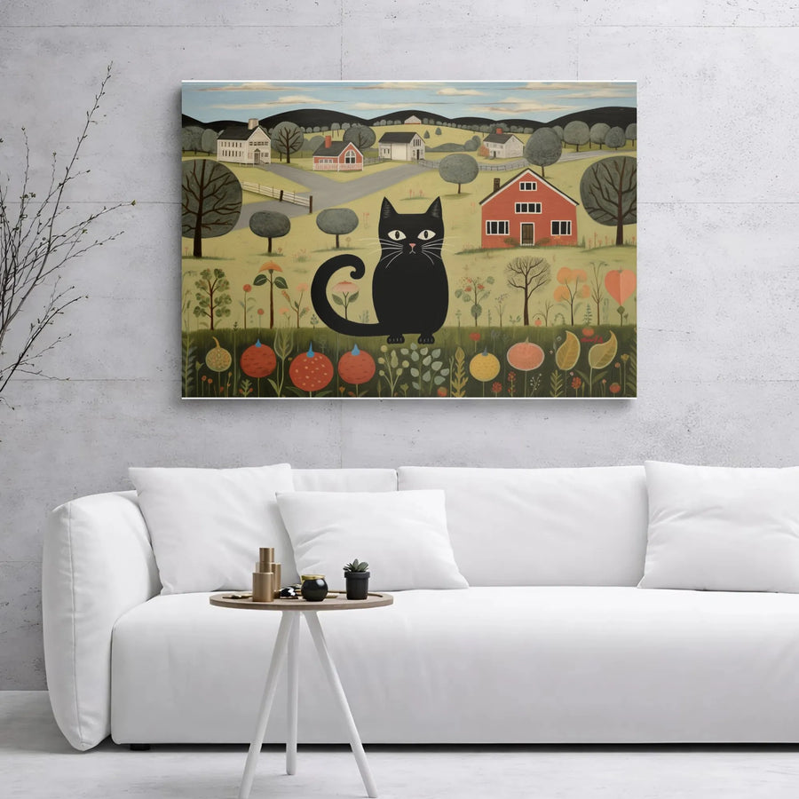 Folk Art Black Cat Canvas Print | Whimsical Village Landscape | 1.25 Inch Gallery Wrap | Unique Cat Lover Gift Wall Decor