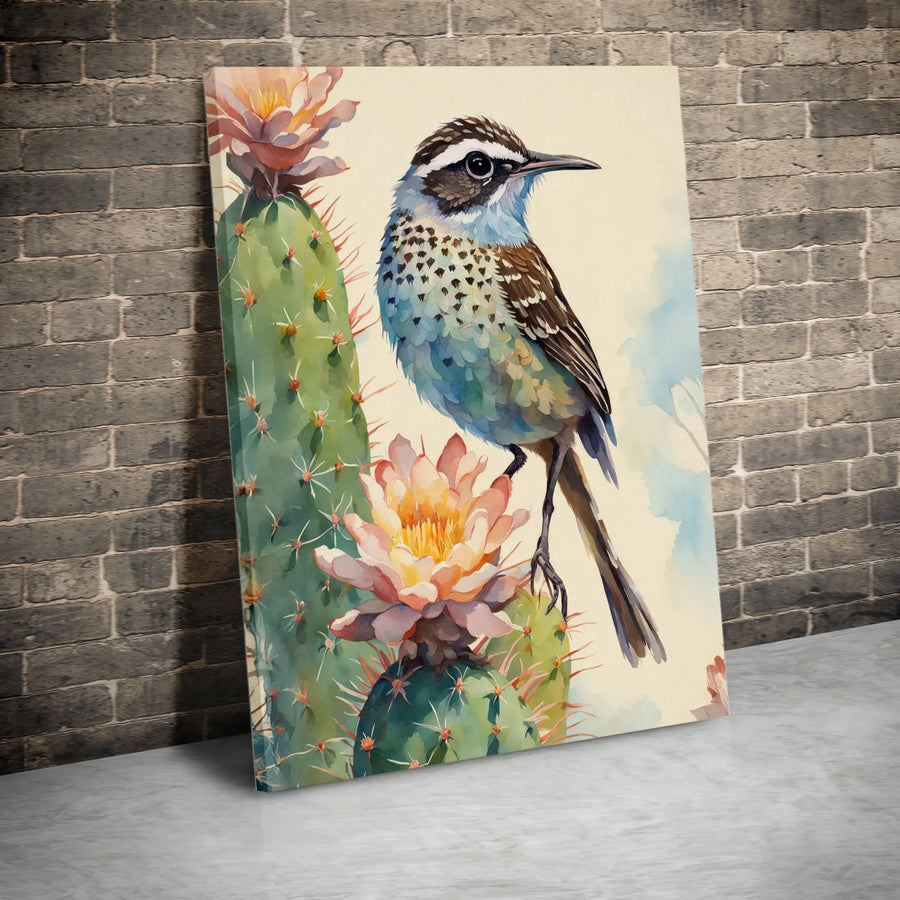 Cactus Wren Wall Art | Watercolor Bird on Blooming Saguaro Print | Premium 1.25" Gallery Canvas | Southwest Desert Home Decor Gift