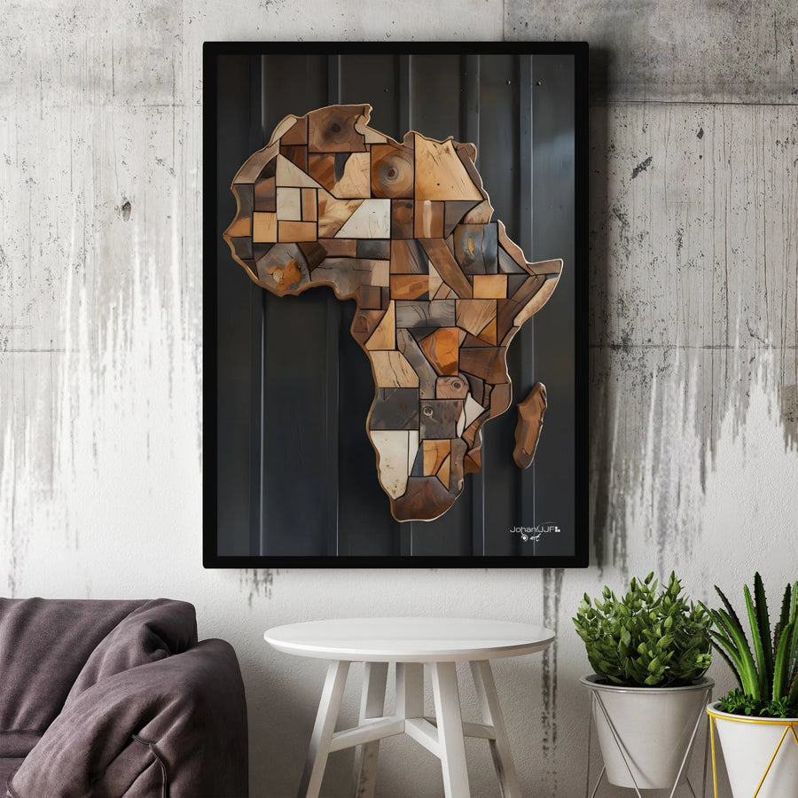 Africa Map Wall Art | Wooden Mosaic Patchwork Style Print | Premium Gallery Wrap Canvas | Modern Home Decor Gift For Travel Lovers