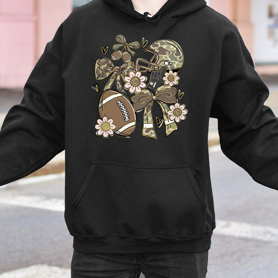 Football Camo Hoodie | Floral Game Day Graphic with Bows | Premium Cotton Blend | Cute Fall Sports Gift for Women and Football Moms