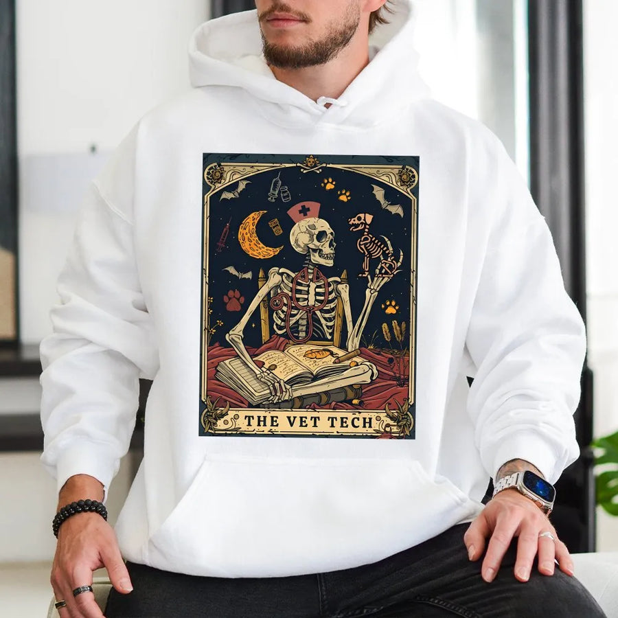 Vet Tech Tarot Card Hoodie | Gothic Skeleton Veterinary Design | Premium Cotton Blend | Gift for Veterinarian, Vet Nurse, Med Student