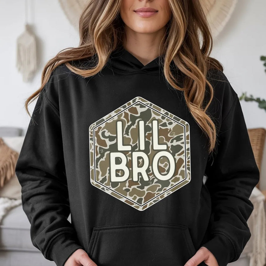 Lil Bro Camo Hoodie | Hexagon Graphic Sweatshirt | Premium Cotton Blend | Matching Sibling Gift for Little Brother