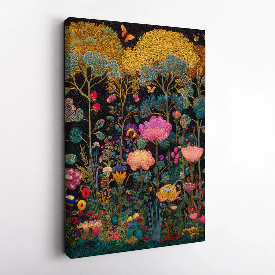 Vibrant Floral Canvas Wall Art | Textured Botanical Tapestry Style Print | Premium Gallery Quality Canvas | Boho Living Room Decor Gift