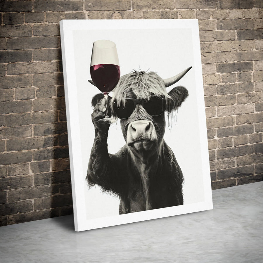 Highland Cow Wall Art | Funny Animal Portrait With Wine | Premium Gallery Wrap Canvas | Rustic Modern Farmhouse Home Decor Gift