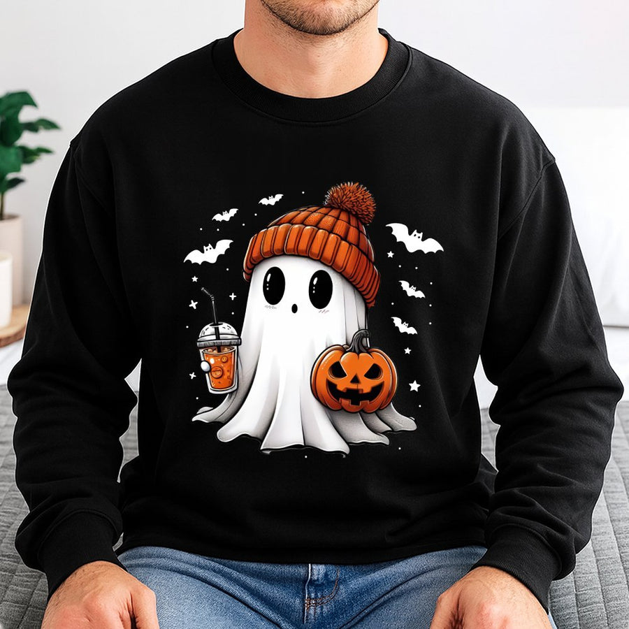 Cute Ghost Sweatshirt | Pumpkin Spice Coffee Spooky Season Graphic | Premium Cotton Blend | Unisex Halloween Gift for Women