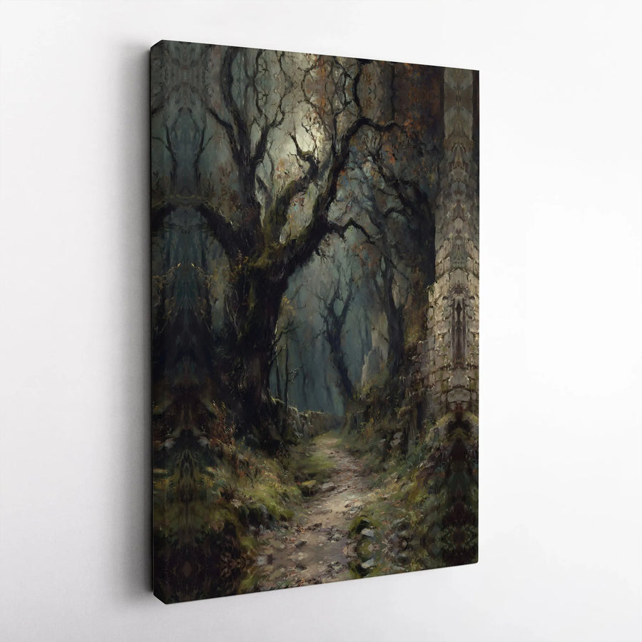 Dark Forest Canvas Wall Art | Vintage Moody Woodland Path Painting | Premium Canvas Print | Dark Academia Gothic Home Decor