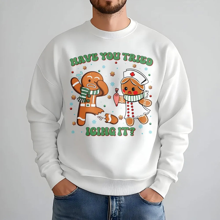 Nurse Christmas Sweatshirt | Funny Gingerbread Have You Tried Icing It Design | Premium Cotton Blend | Holiday Gift for Nurses RN LPN