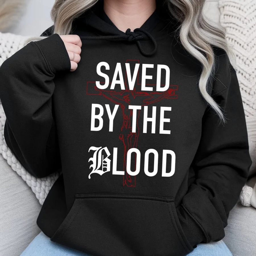 Saved By The Blood Hoodie | Religious Cross Graphic Design | Premium Cotton Blend | Christian Faith Apparel Gift For Men And Women