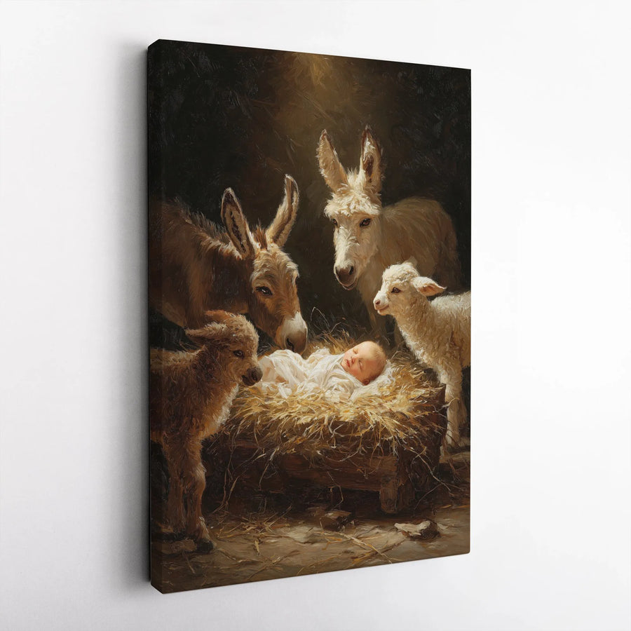 Nativity Scene Canvas Print | Baby Jesus With Donkeys and Lambs | Premium Gallery-Wrapped Wall Art | Christian Religious Holiday Decor Gift