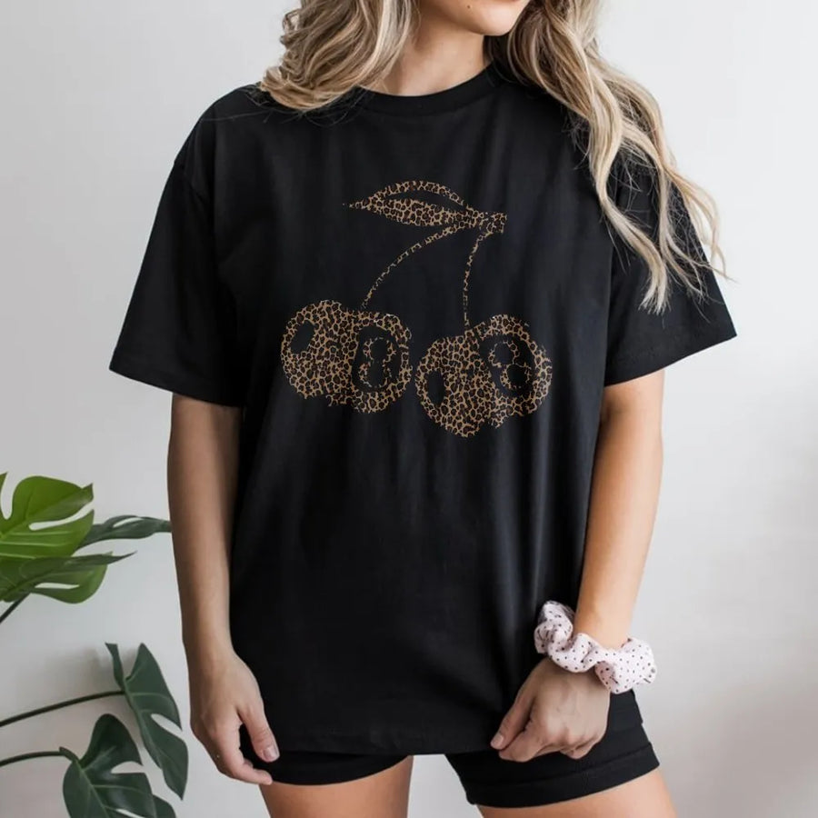 Leopard Print 8 Ball Cherry T-Shirt | Retro Billiard Graphic Tee | 100% Cotton Premium Quality | Trendy Aesthetic Gift for Women