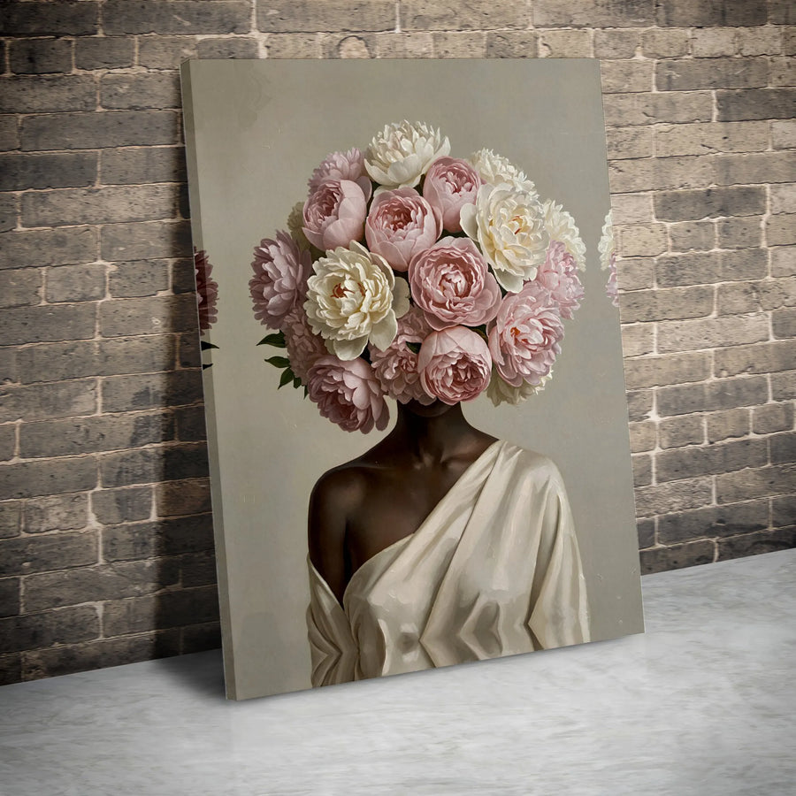 Black Woman Peony Head Canvas Print | Surreal Botanical Portrait | Premium Gallery Wrap Canvas | Collector's Gift for Modern Home Decor
