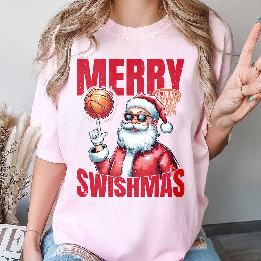 Merry Swishmas Basketball Santa T-Shirt | Retro Graphic Holiday Sports Design | 100% Cotton Premium Tee | Fun Christmas Gift For Basketball Players
