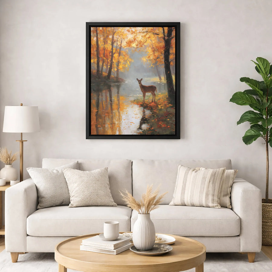 Autumn Deer Canvas Wall Art | Serene Forest River Landscape Painting | Premium Fade-Resistant Gallery Wrap | Rustic Home & Office Decor Gift