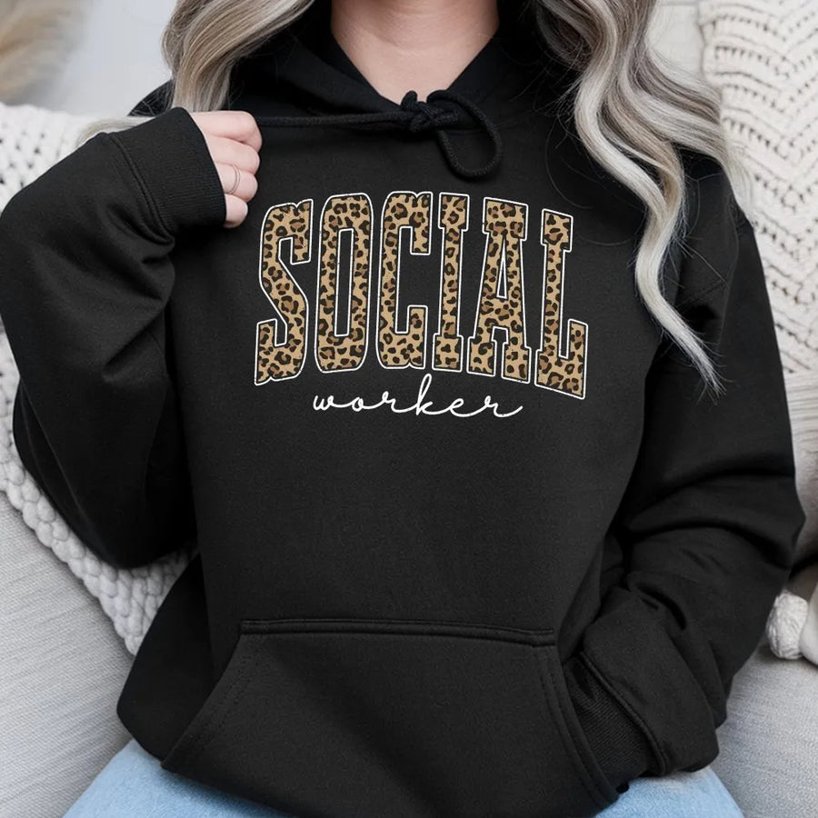 Social Worker Hoodie | Leopard Print Graphic Tee | Premium Comfort Colors Cotton | Mental Health Awareness Appreciation Gift for Women