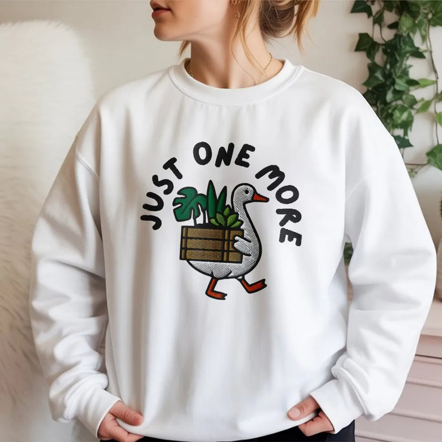 Funny Plant Lover Goose Sweatshirt | Botanical 'Just One More' Graphic Print | Soft Cotton Blend Pullover | Unique Gardener Gift for Plant Moms