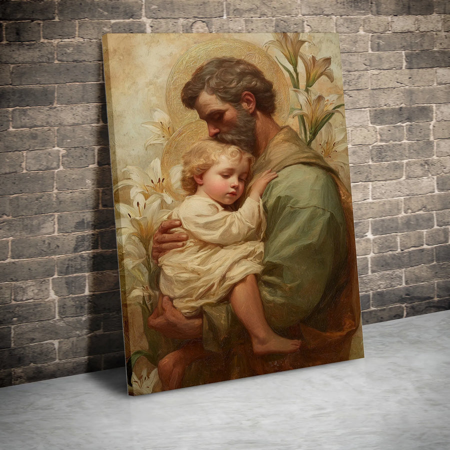 Saint Joseph Holding Baby Jesus Canvas | Religious Wall Art with White Lilies | Premium Fade-Resistant Print | Catholic Home Decor Gift