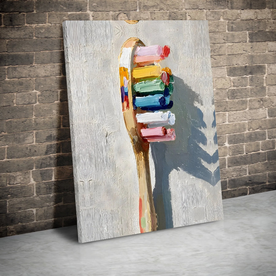 Toothbrush Wall Art | Abstract Impasto Oil Painting Style | Premium 1.25-Inch Gallery Wrapped Canvas | Colorful Bathroom Decor Gift