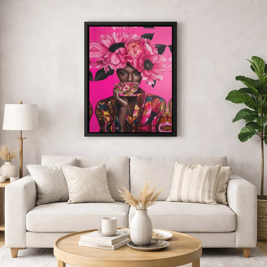 Black Woman Canvas Art | Floral Headdress Portrait | Premium Gallery Wrapped Wall Decor | Vibrant Pink Botanical Aesthetic Gift for Her