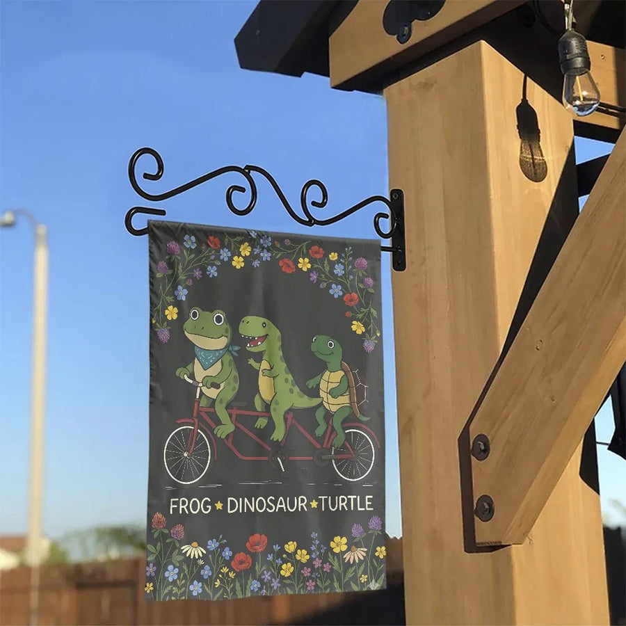 Frog Dinosaur Turtle Garden Flag | Whimsical Animal Friends on Bicycle with Wildflowers | Double Sided Polyester | Unique Yard & Patio Decor Gift