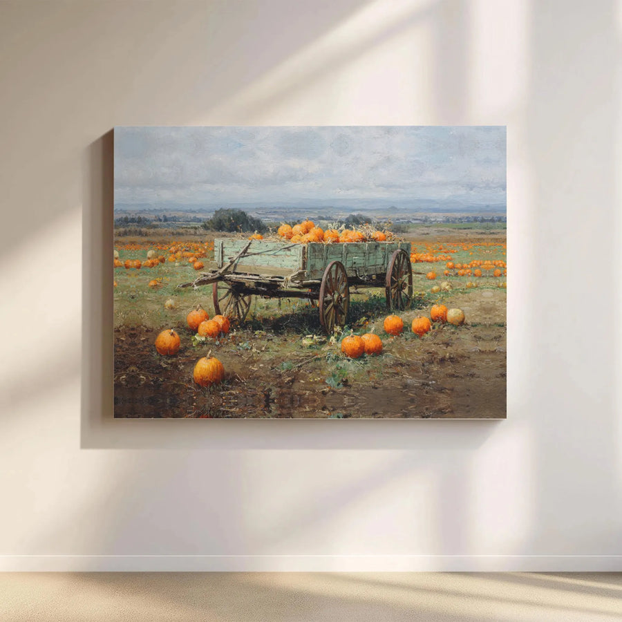 Pumpkin Patch Canvas Wall Art | Vintage Farm Wagon Harvest Painting | Premium Fade-Resistant Gallery Wrap | Fall Home Decor For Living Room