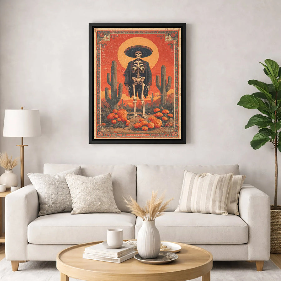 Dia De Los Muertos Wall Art | Vintage Skeleton Sombrero Canvas Print | Premium Gallery Wrapped Decor | Mexican Folk Art Gift For Home