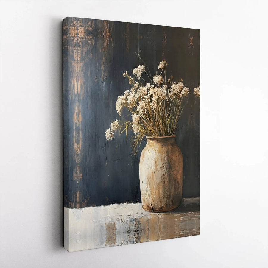 Rustic Floral Canvas Wall Art | Still Life Dried Flowers in Clay Vase | Premium Gallery-Wrapped Print | Farmhouse Home Decor for Living Room