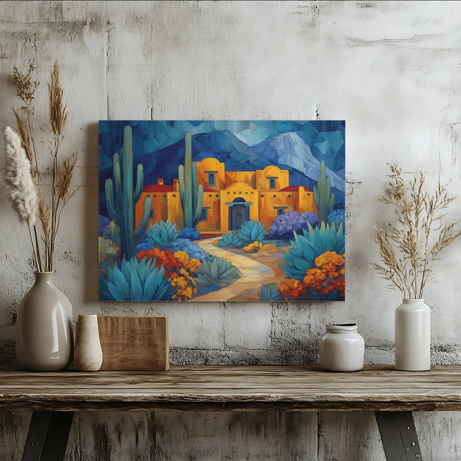 Southwestern Wall Art Canvas | Vibrant Adobe House & Cactus Print | Premium Gallery Wrapped 1.25" Deep Canvas | Modern Western Home Decor Gift