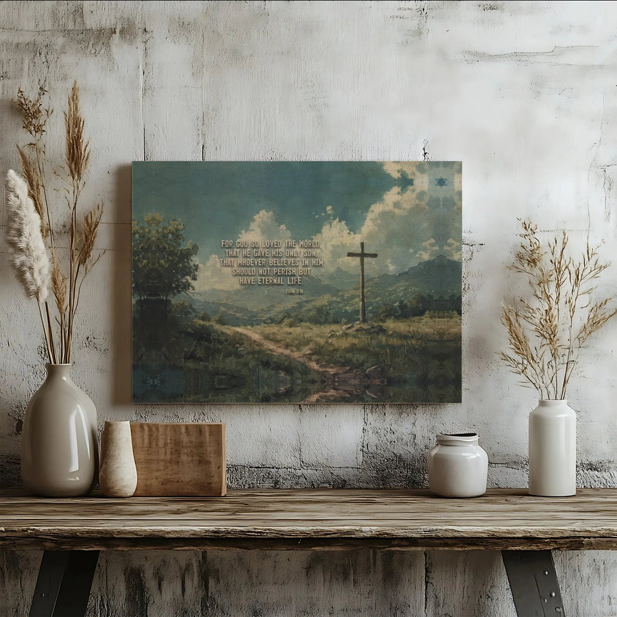 John 3:16 Canvas Print | Religious Cross Landscape Art | Premium Gallery Wrapped Wall Decor | Christian Home Gift For Living Room Bedroom