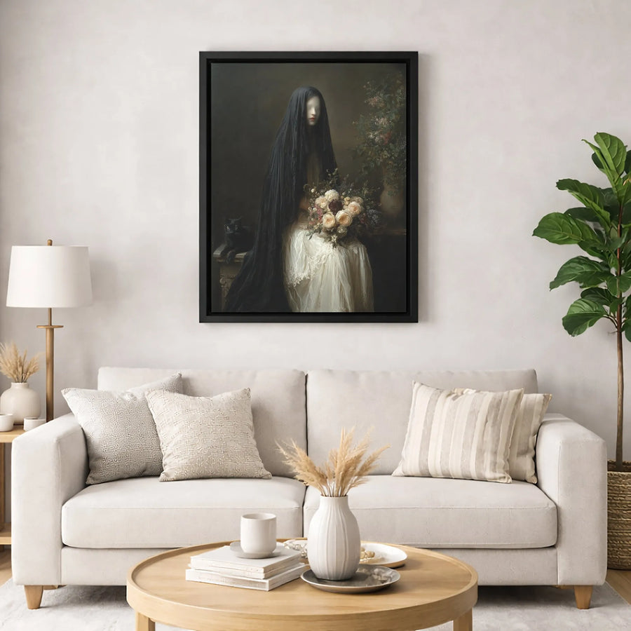 Gothic Veiled Woman Canvas Wall Art | Dark Victorian Portrait with Black Cat | Premium Fade-Resistant Gallery Print | Spooky Home Decor Gift