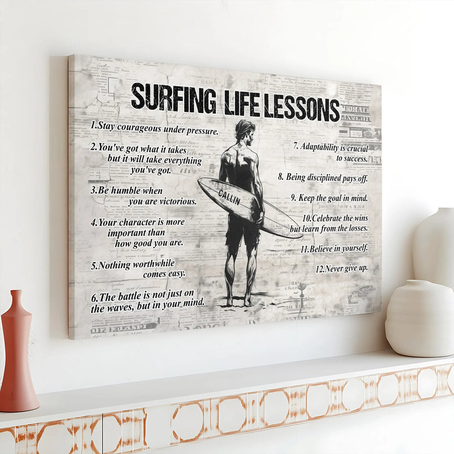 Surfing Life Lessons Horizontal Canvas | Inspirational Surfer Rules Wall Decor | Premium 1.25" Gallery Wrap | Coastal Motivational Gift for Surfers, Beach House Art