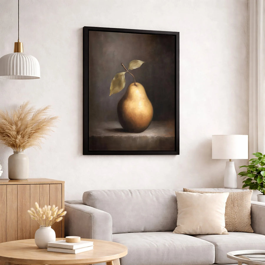 Golden Pear Still Life Canvas Art | Moody Kitchen Wall Decor | Premium Gallery-Wrapped Print | Elegant Gift for Foodies