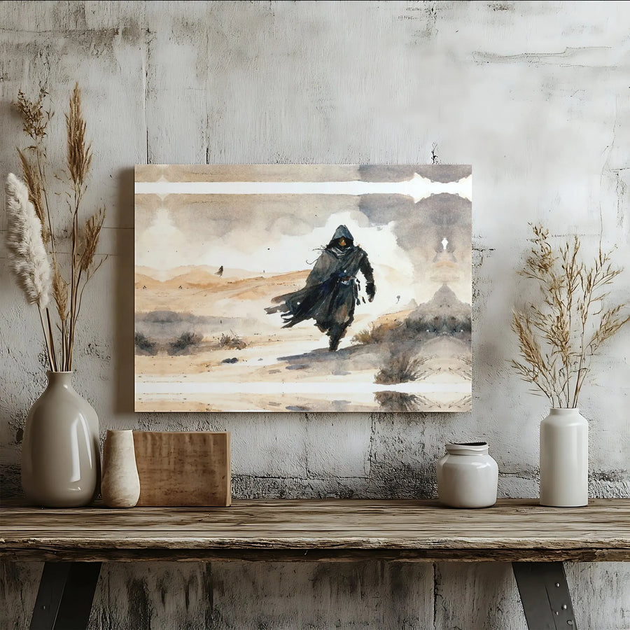 Desert Wanderer Wall Art | Mysterious Hooded Figure Watercolor Canvas Print | Premium Gallery-Wrapped Decor | Fantasy Landscape Gift for Him