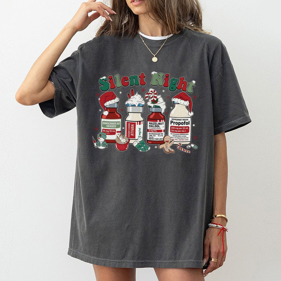 Silent Night Christmas T-Shirt | Medical Holiday Nurse Design | 100% Cotton Premium Tee | Funny ICU RN Gift for Doctors and Medical Professionals