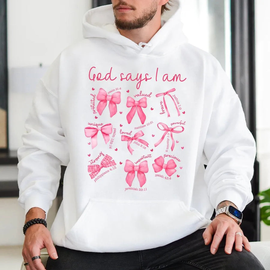 God Says I Am Hoodie | Faith Based Pink Ribbon Scripture Design | Premium Cotton Blend | Christian Gift for Women and Teens