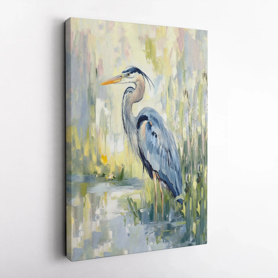 Great Blue Heron Canvas Wall Art | Impressionist Marsh Bird Painting | 1.25-Inch Gallery Wrap Print | Coastal Home Decor Gift for Bird Lovers