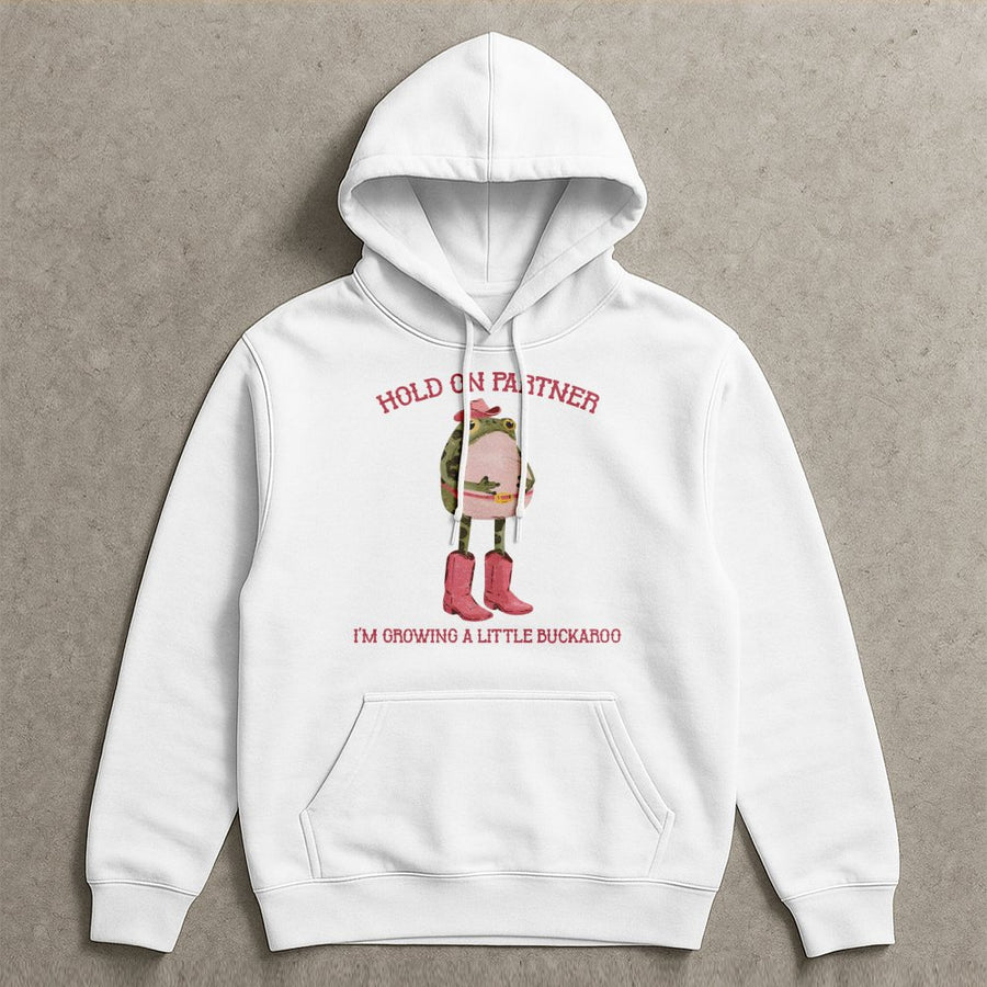 Hold On Partner Maternity Hoodie | Funny Frog Cowboy Pregnancy Announcement | Soft Cotton-Blend Pullover | Cute Gift for Expecting Mom