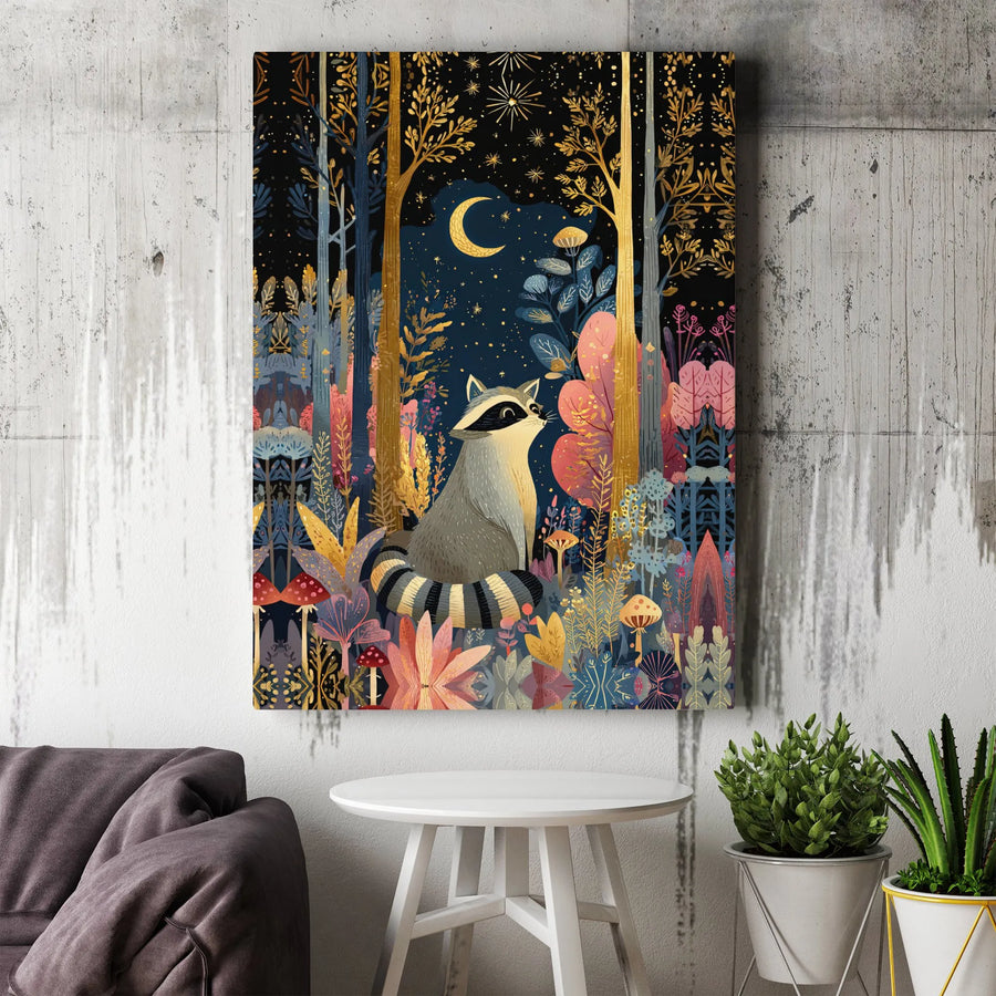 Whimsical Raccoon Canvas Print | Magical Midnight Forest Wall Art | Premium Gallery Wrapped Canvas | Woodland Animal Nursery Decor Gift