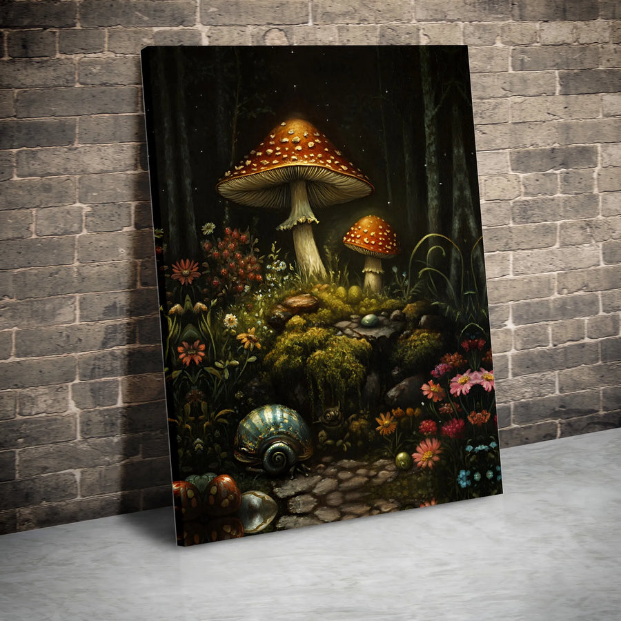 Mushroom Canvas Wall Art | Enchanted Forest Goblincore Aesthetic | Premium Gallery Wrapped Print | Cottagecore Home Decor Gift