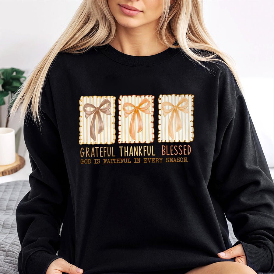 Grateful Thankful Blessed Sweatshirt | Coquette Bow Graphic Design | Soft Cotton Blend Fall Apparel | Christian Thanksgiving Gift for Her