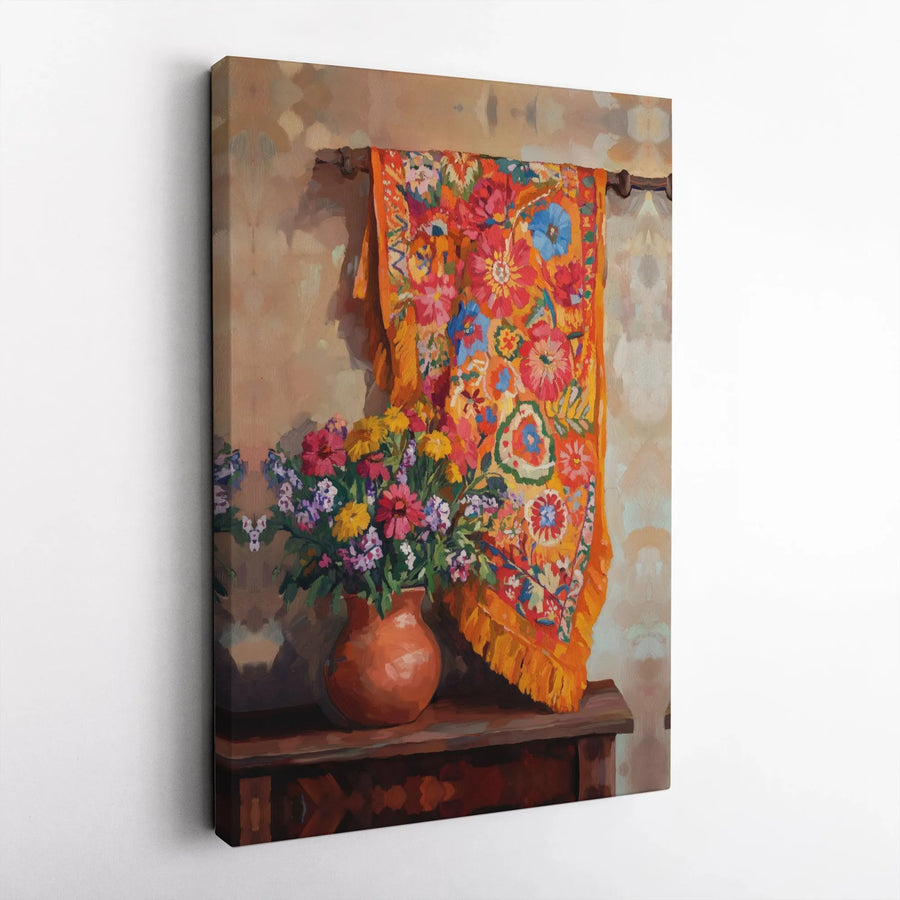 Boho Floral Still Life Canvas Print | Wildflower Vase & Tapestry Art | Premium Fade-Resistant Ink | Eclectic Home Decor Gift