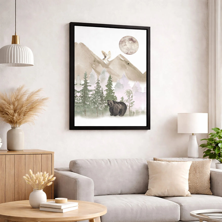 Watercolor Bear and Owl Canvas Wall Art | Mountain Forest Landscape | Premium Gallery-Wrapped Print | Nature Nursery or Home Decor Gift