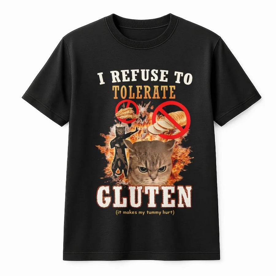 Gluten Free Cat T-Shirt | Funny I Refuse To Tolerate Gluten Graphic | Premium Cotton Unisex Tee | Gift for Celiac Disease Awareness
