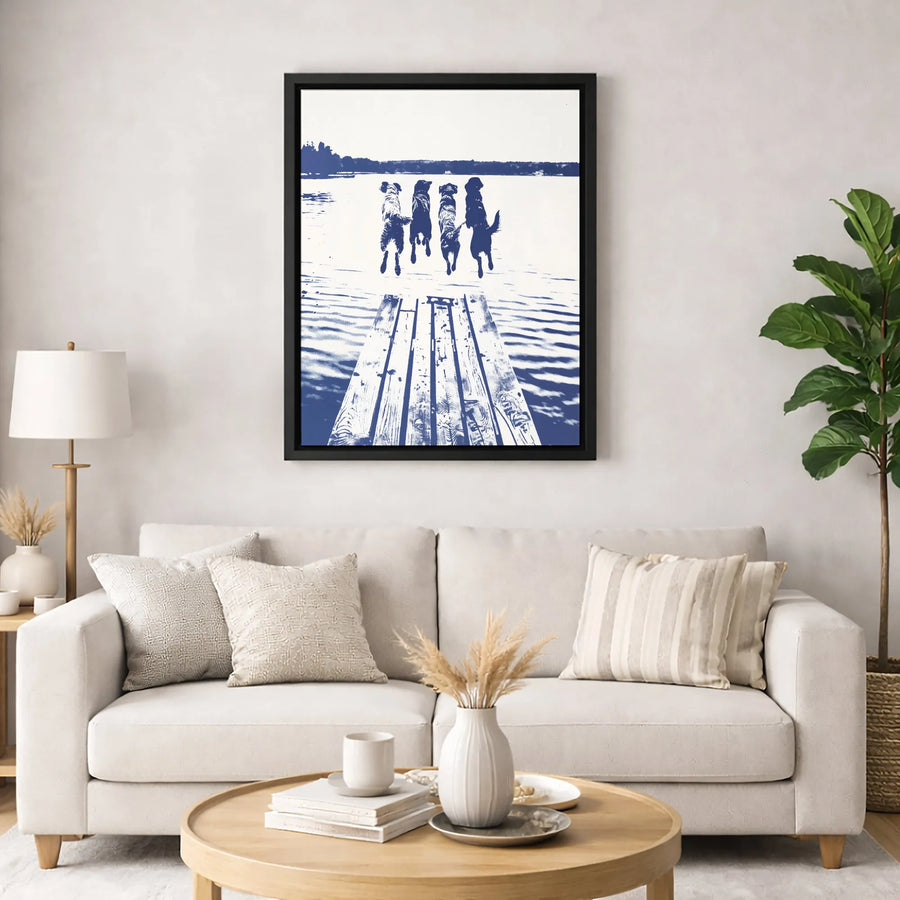 Dog Dock Jumping Wall Art | Blue and White Lake Scene Print | 1.25 Inch Gallery Wrapped Canvas | Modern Home Decor Gift for Dog Lovers
