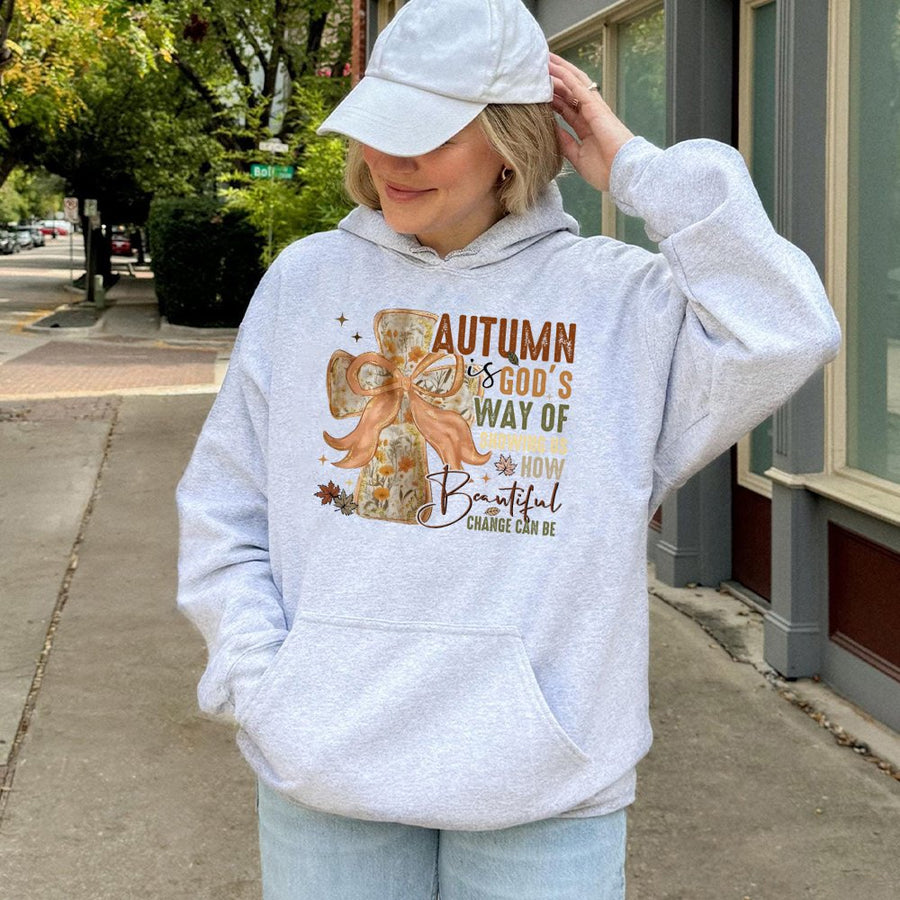 Autumn Is God's Way Fall Hoodie | Floral Cross Bow Graphic Print | Premium Cotton-Poly Blend | Christian Thanksgiving Gift For Her