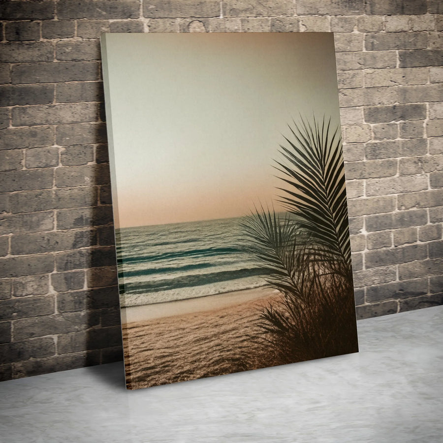 Coastal Beach Wall Art | Calm Sunset Palm Tree Photography | Premium Gallery Wrapped Canvas | Minimalist Home Decor Gift